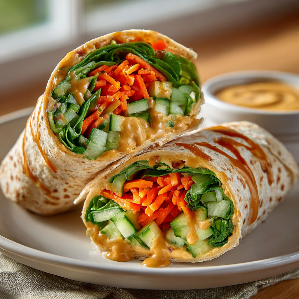 A Thai Peanut Hummus Wrap is served on a plate.