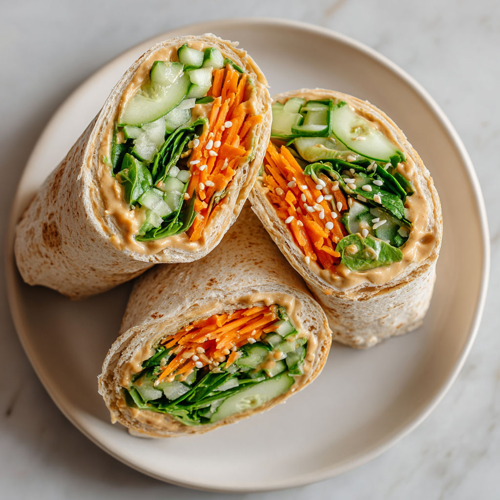 A plate with a Thai Peanut Hummus Wrap.
