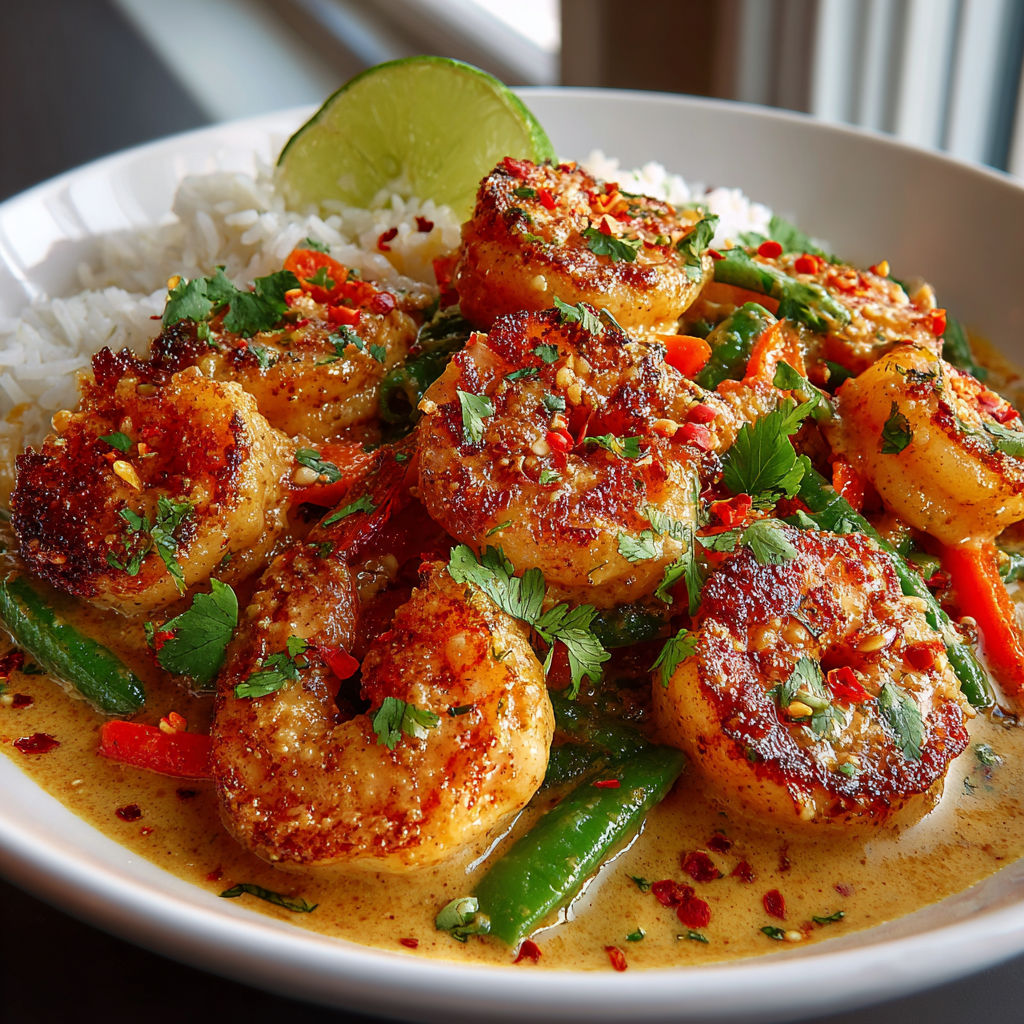 A plate of spicy Thai peanut shrimp stir-fry.