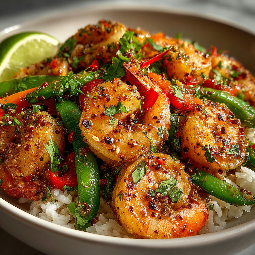 A bowl of shrimp and vegetables.