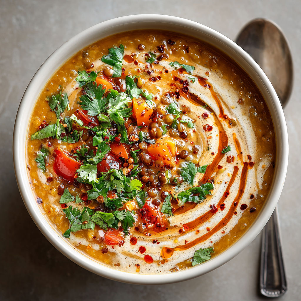 A bowl of soup with a spoon in it.