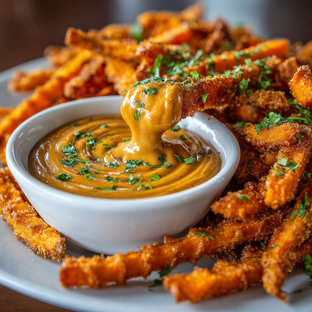 A plate of fries with a dipping sauce.