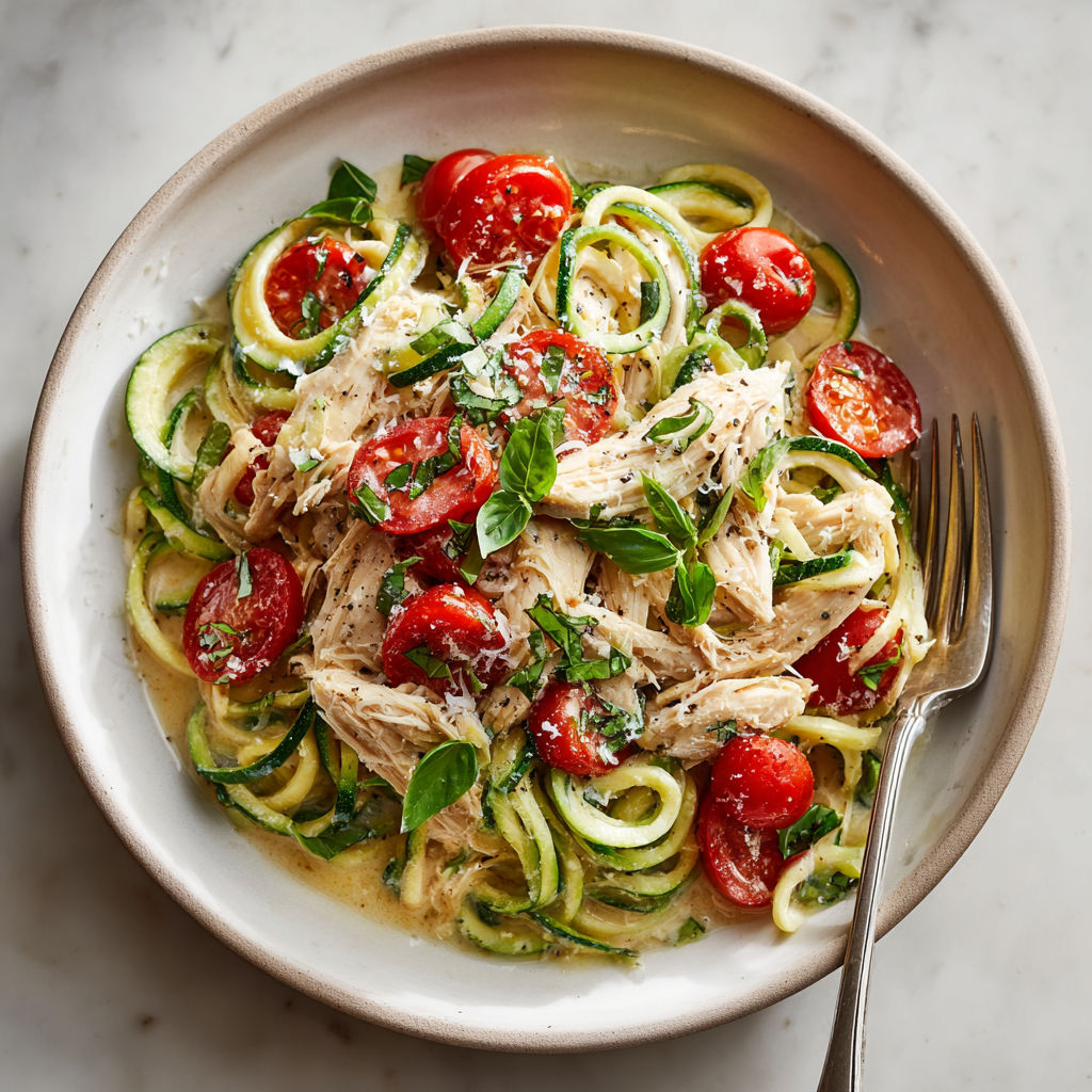 A plate of food with tomatoes, zucchini, and chicken.