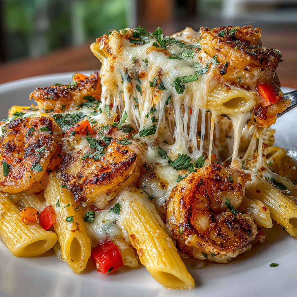A plate of food with shrimp and cheese on top.