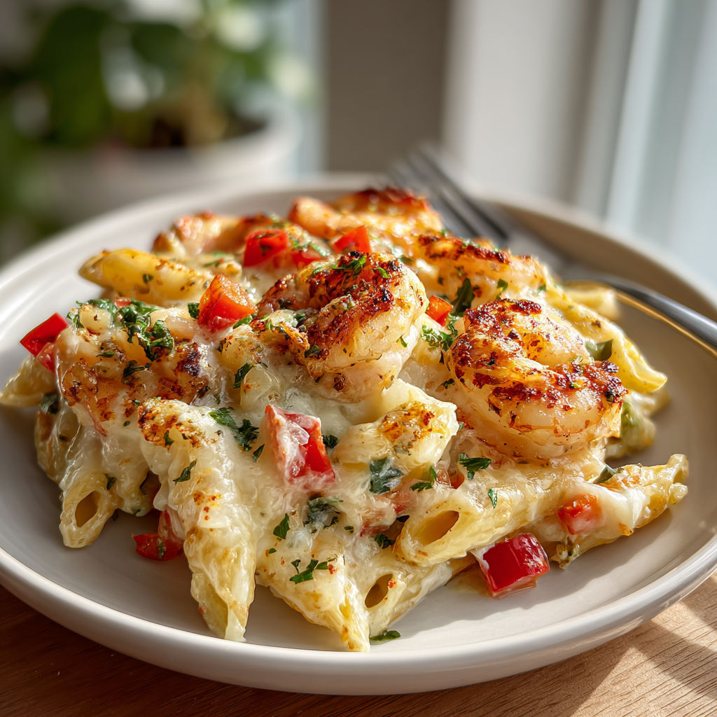 A plate of food with shrimp and tomatoes.