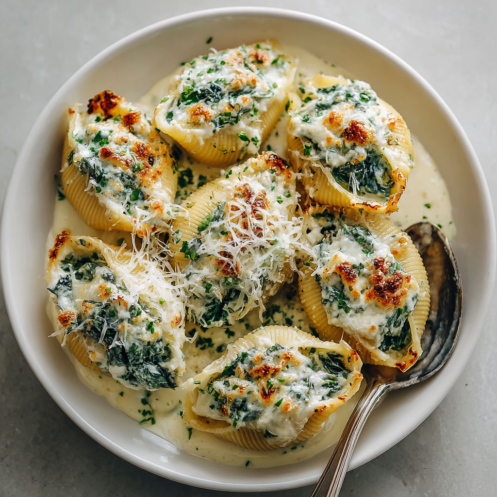 A bowl of pasta with cheese and spinach.