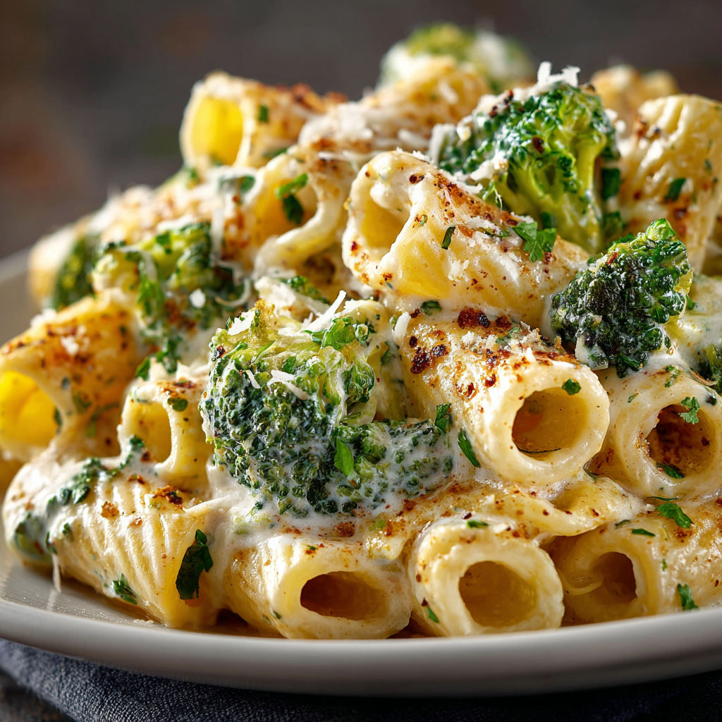 A plate of pasta with broccoli and white beans.