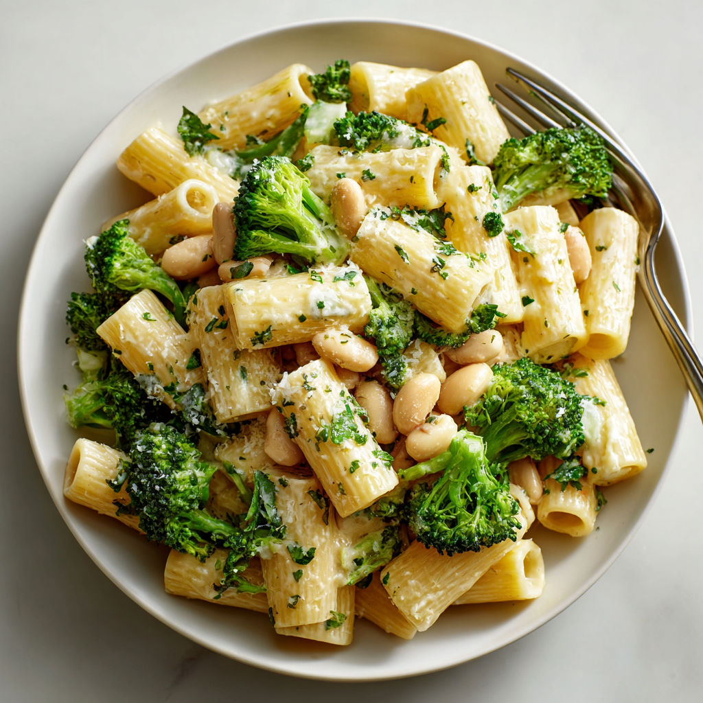 A plate of pasta with broccoli and beans.
