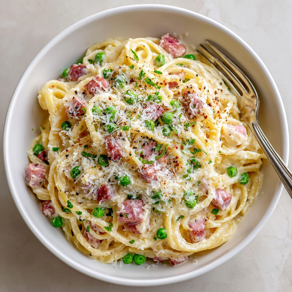 A bowl of pasta with peas and ham.