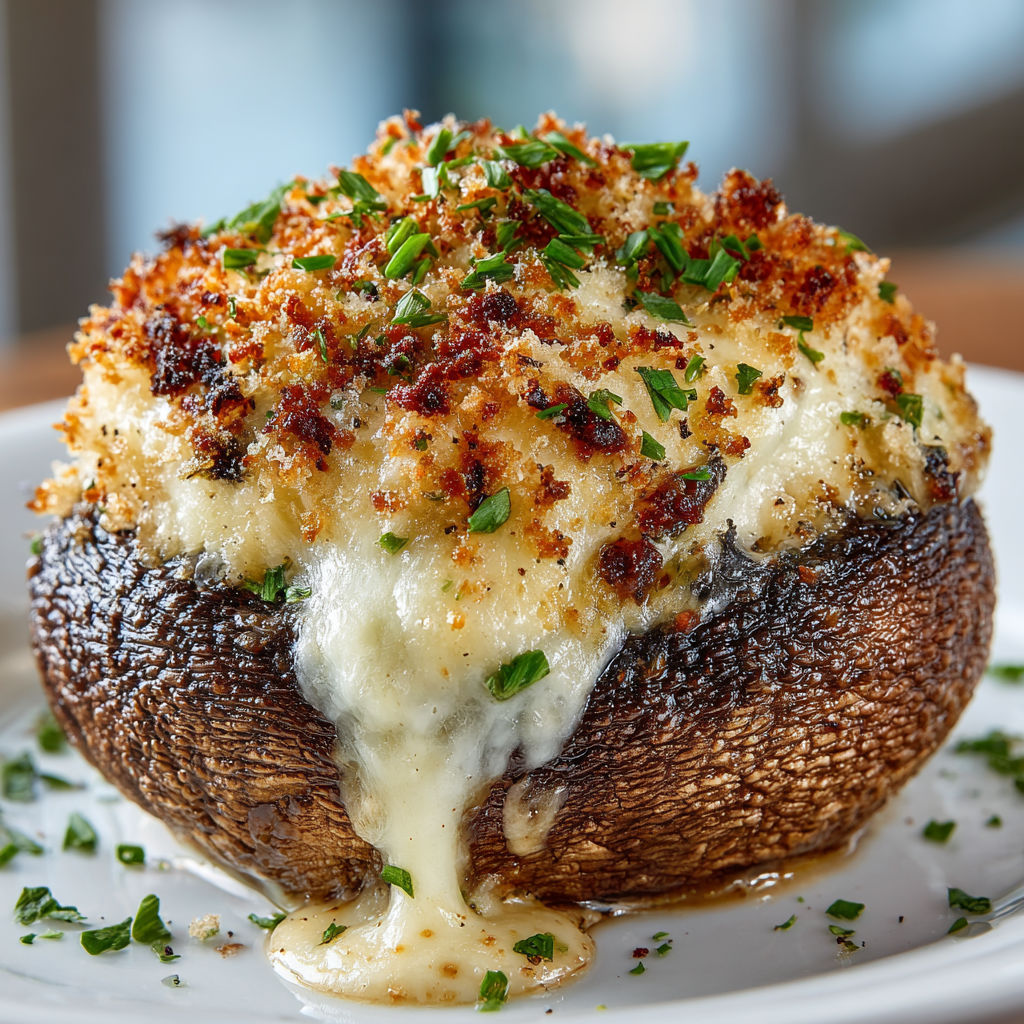 A plate of mushrooms with cheese and herbs on top.