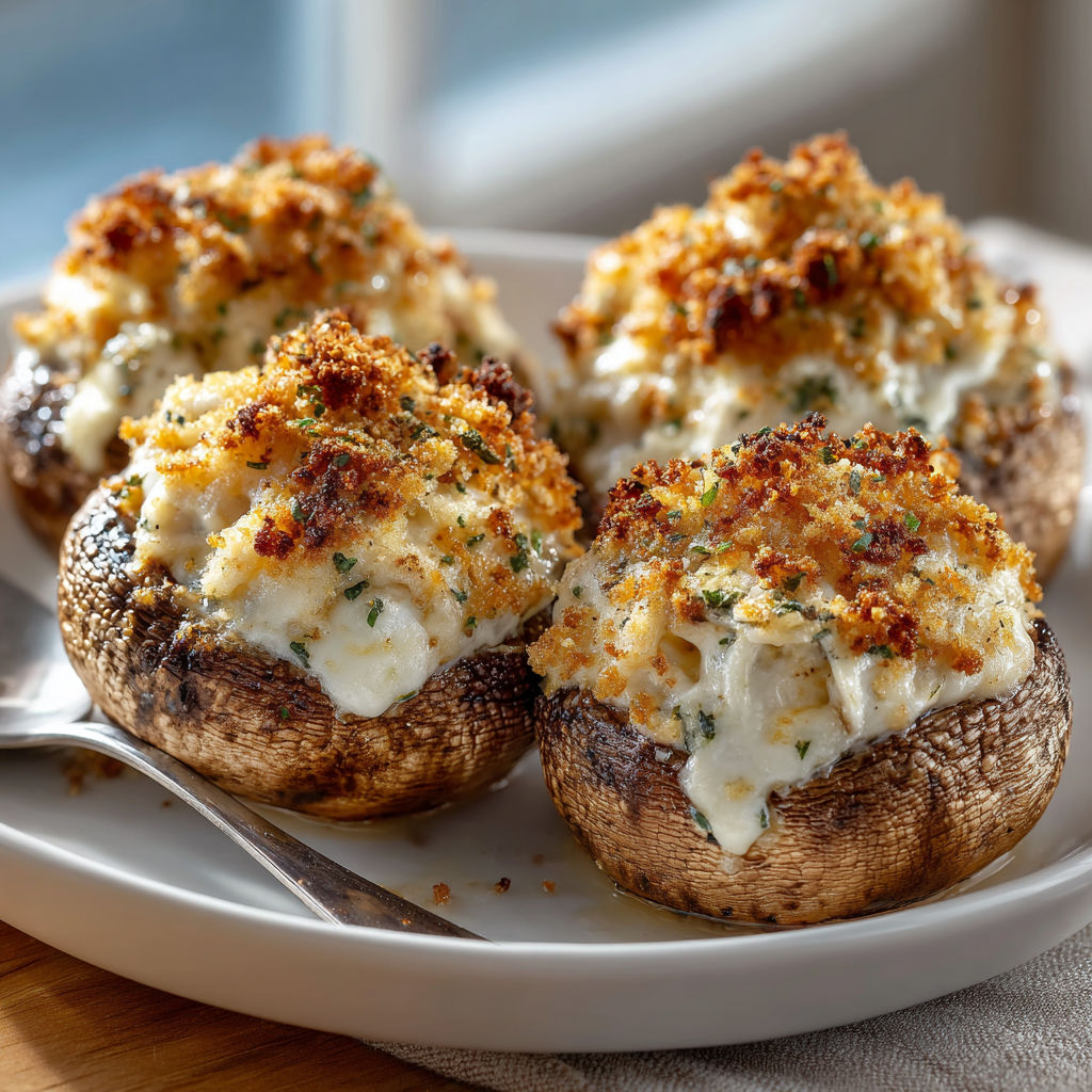 A plate of stuffed mushrooms with cheese and bacon.