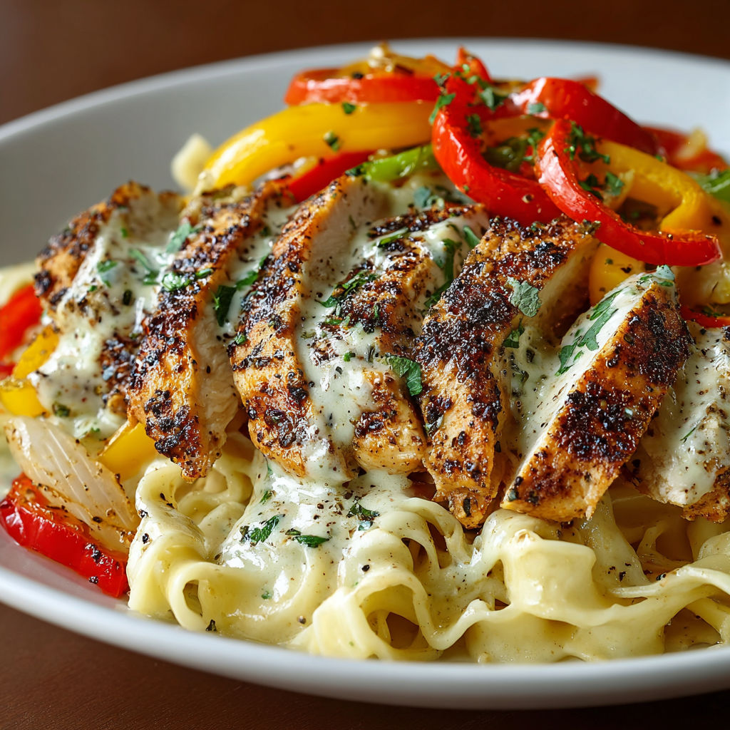 A plate of food with chicken, pasta, and peppers.