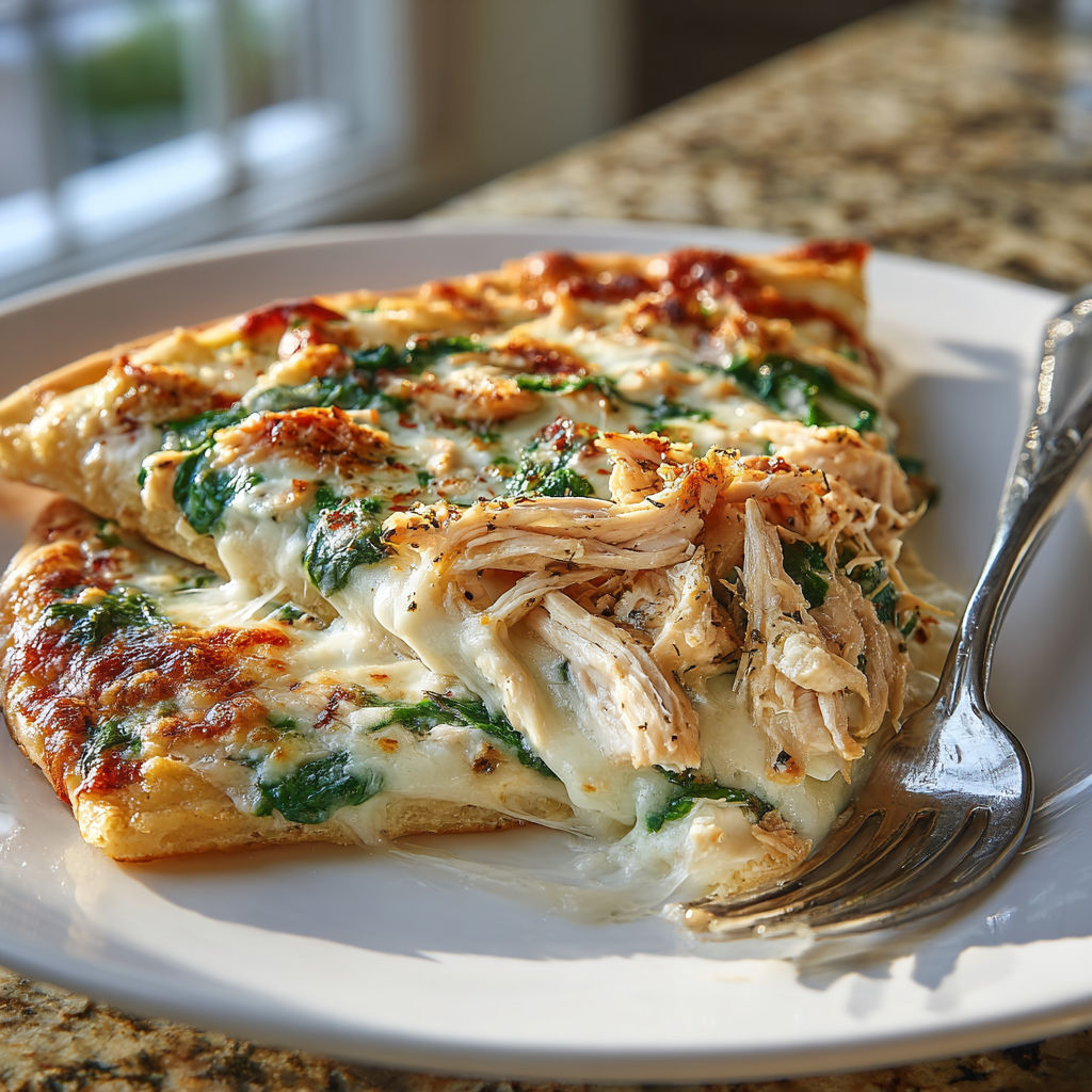 A slice of pizza with chicken and spinach on a plate.