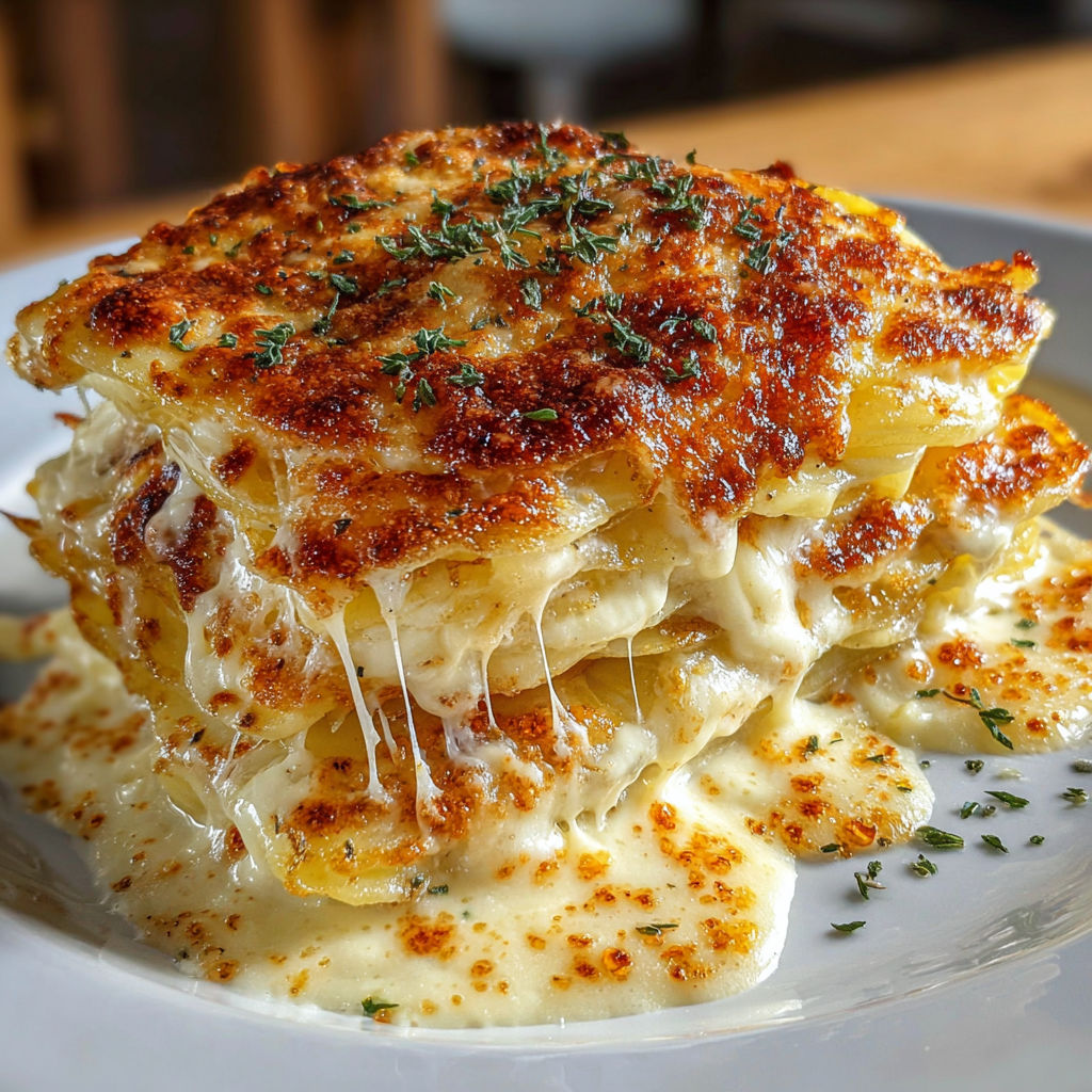 A plate of food with the name Alfredo Potato Gratin.