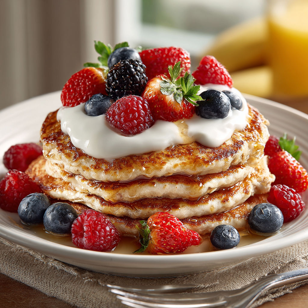 A stack of pancakes with strawberries and blueberries on top.