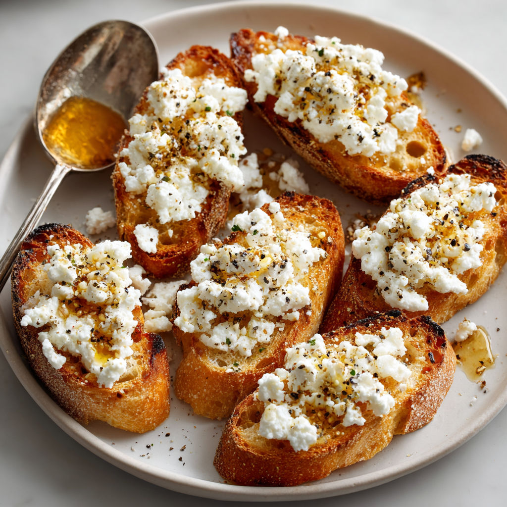 A plate of bread with feta cheese and honey.