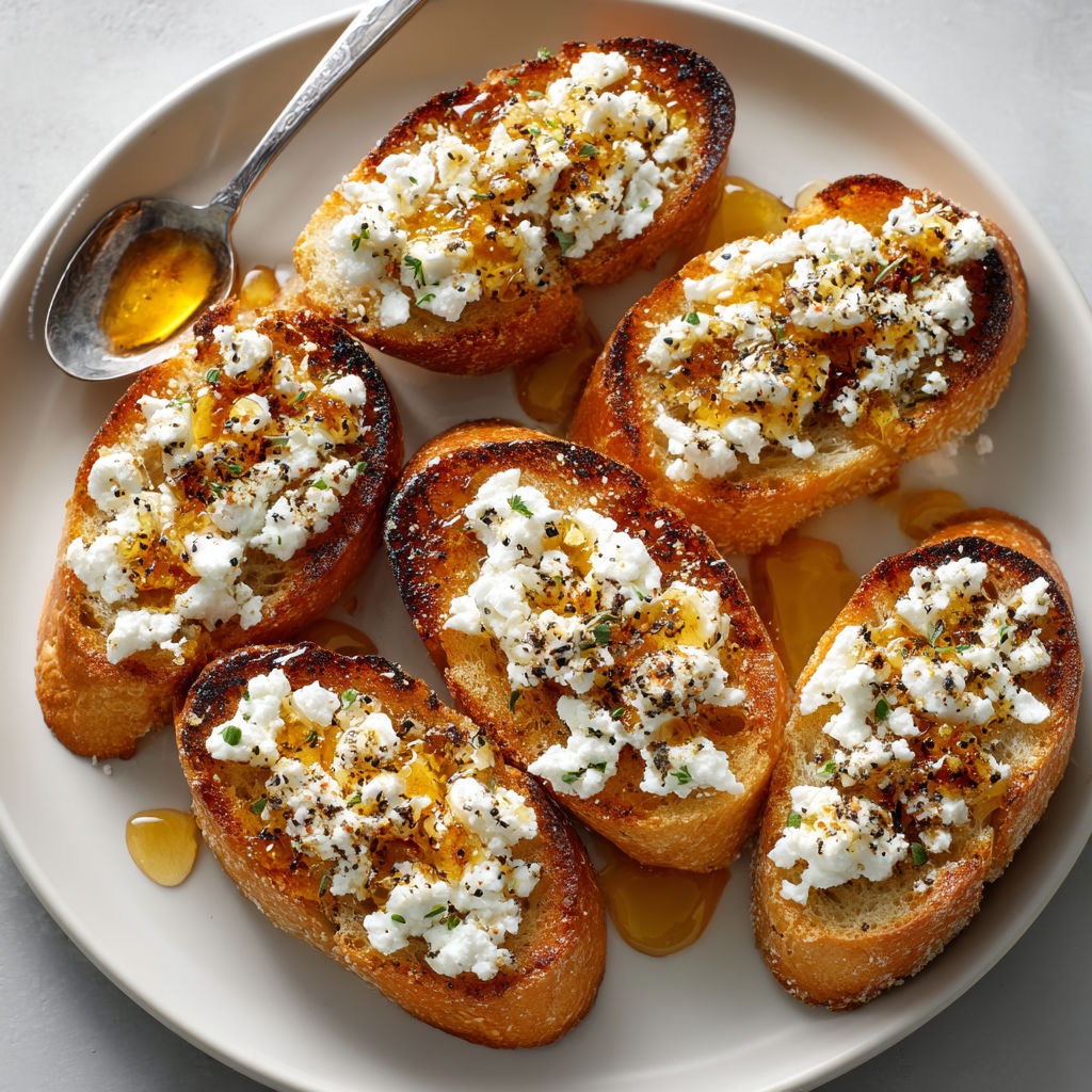 A plate of honey feta crostini with black pepper.