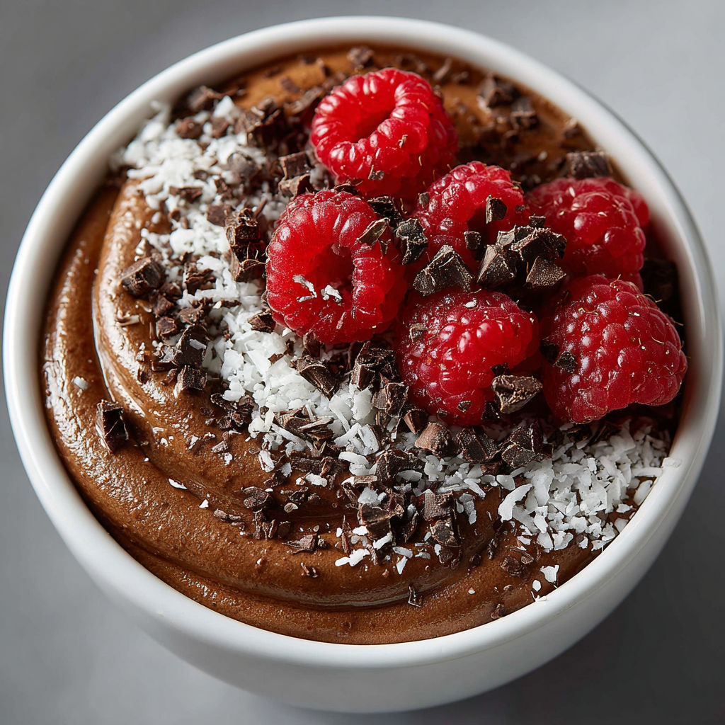 A bowl of chocolate mousse with raspberries on top.