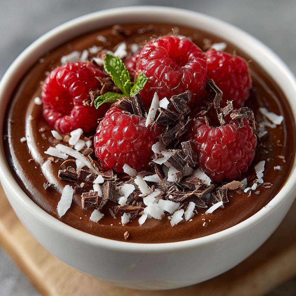 A bowl of chocolate mousse with raspberries on top.