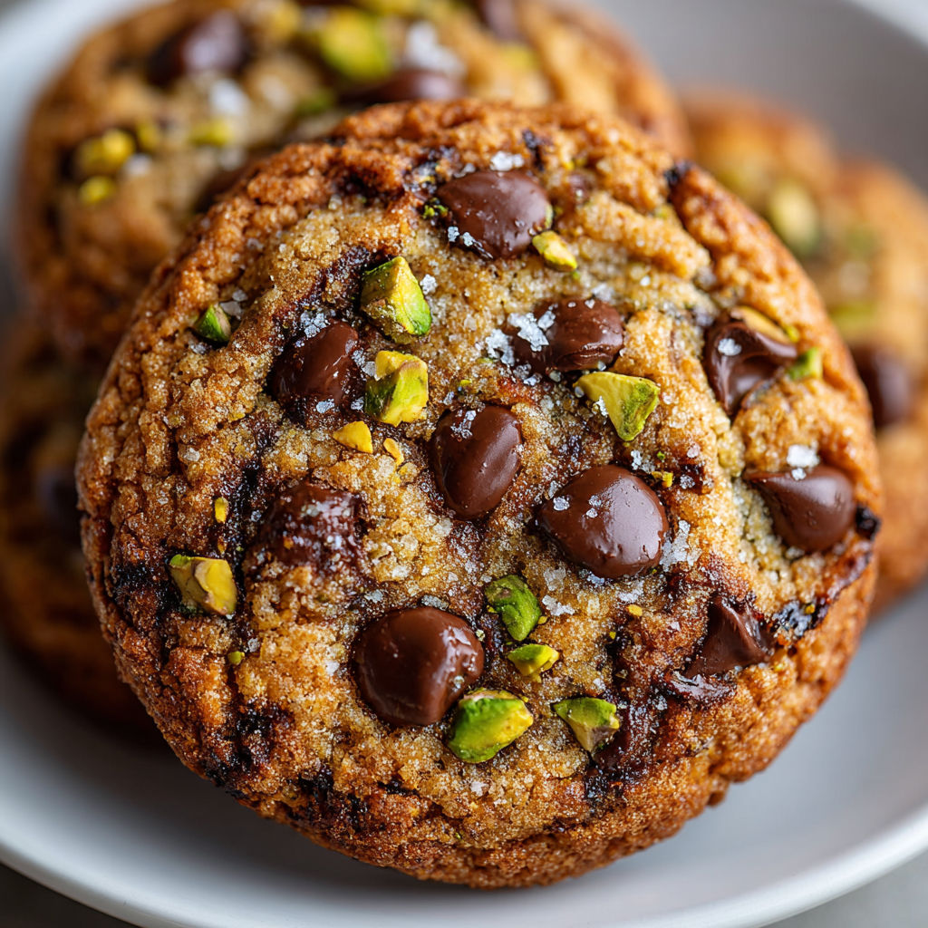 A plate of chocolate chip cookies with pistachios.