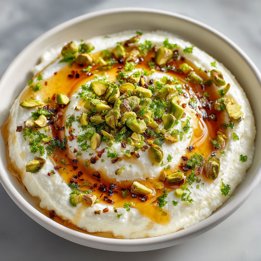 A bowl of food with a sauce and topped with nuts.