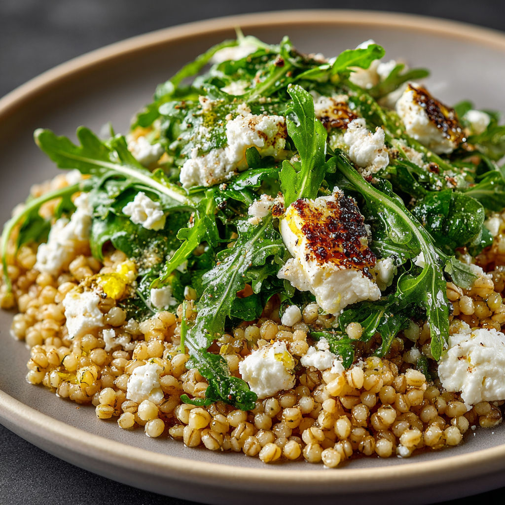 A bowl of barley salad with feta and arugula.
