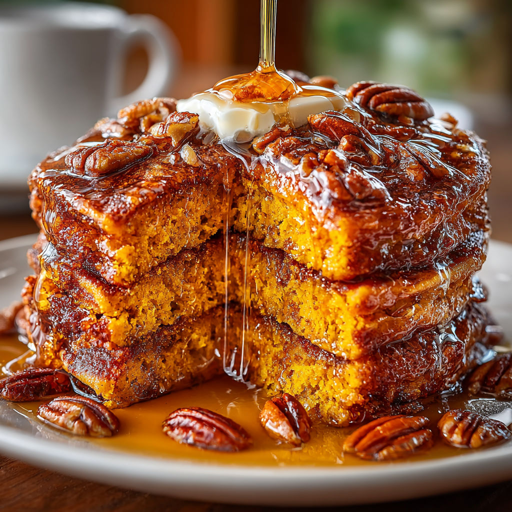 A stack of pumpkin pancakes with syrup drizzled on top.