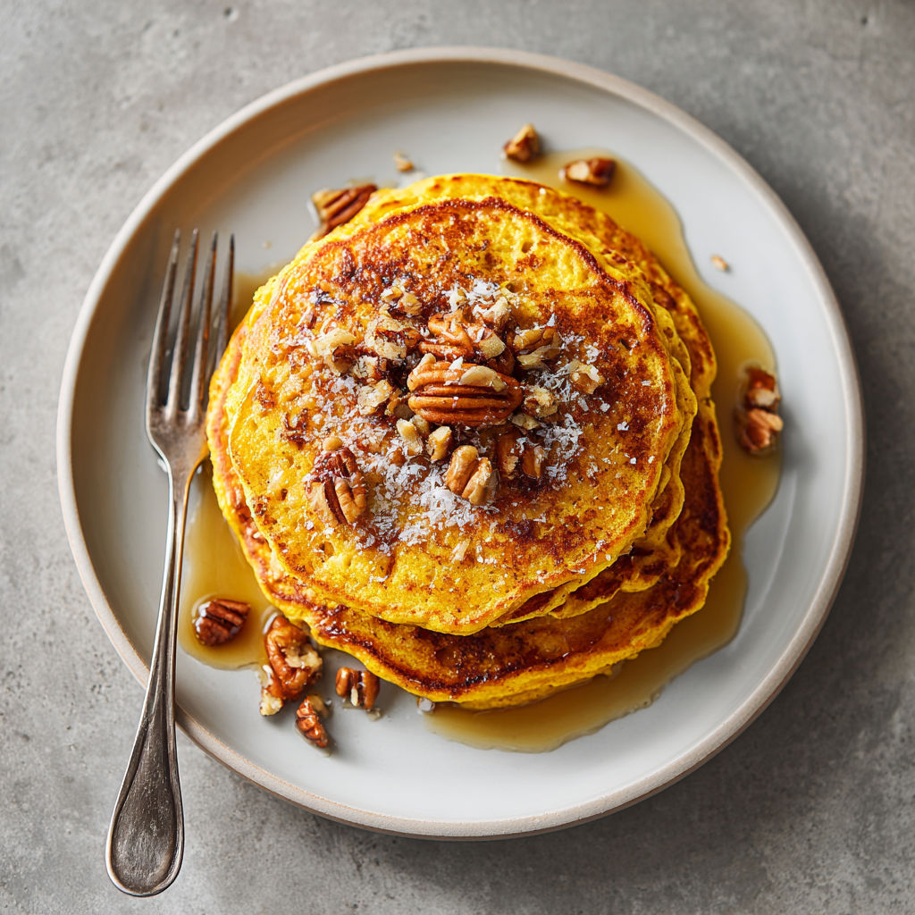 A plate of pumpkin pancakes with a fork on it.