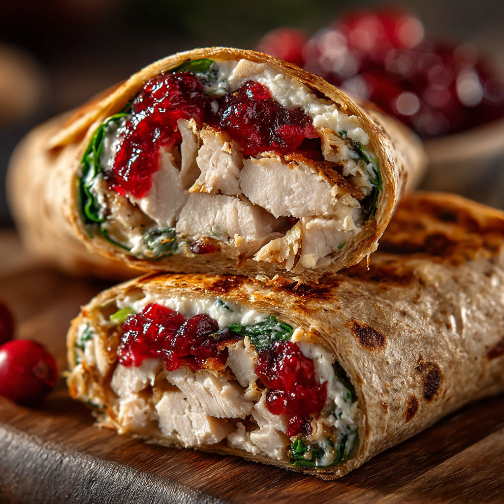 A wrap with turkey, cranberry and cheese.