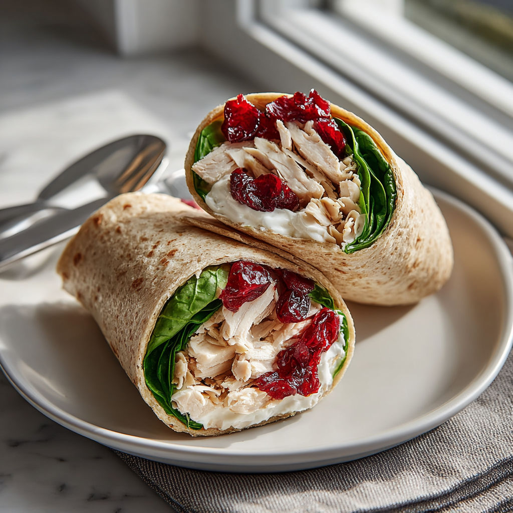 A plate with two turkey, cranberry and cheese wraps.
