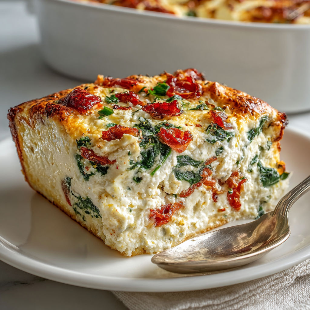 A slice of baked ricotta with spinach and tomatoes.