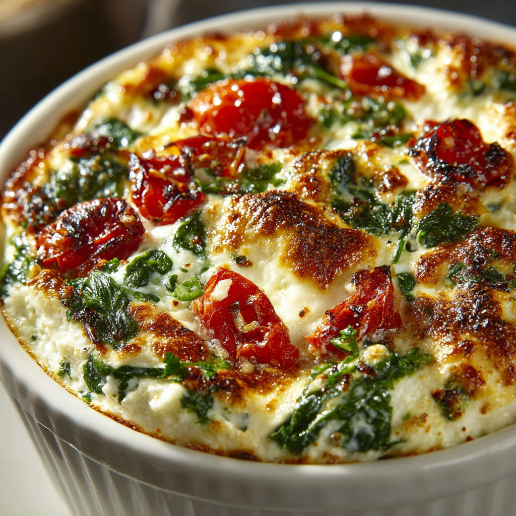 A dish of baked ricotta with spinach and tomatoes.