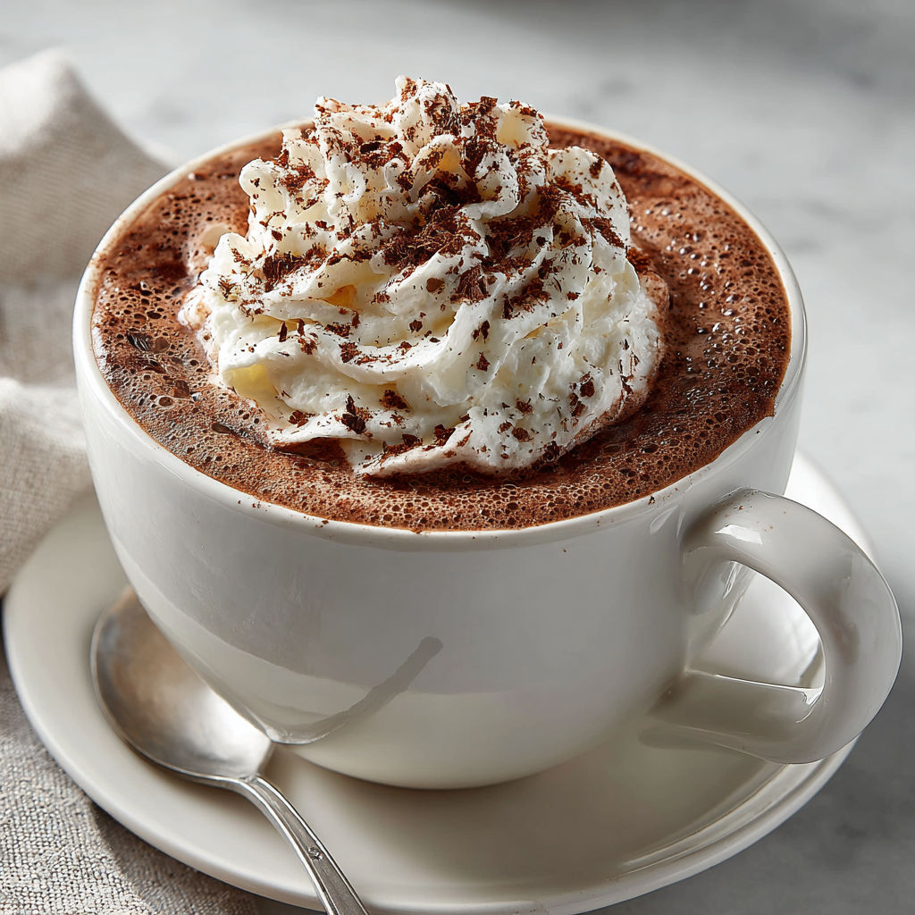 A cup of coffee with whipped cream on top.