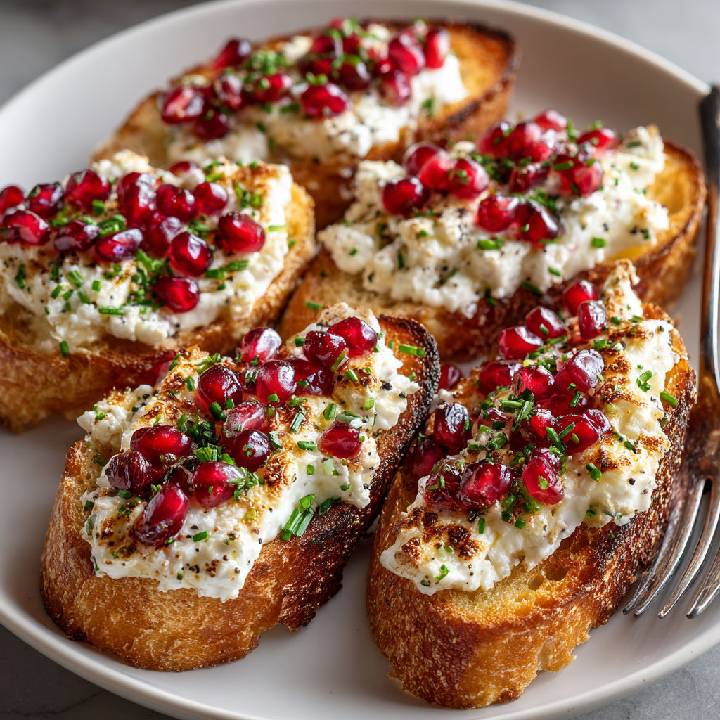 A plate of toast with white cheese and red pomegranate seeds.