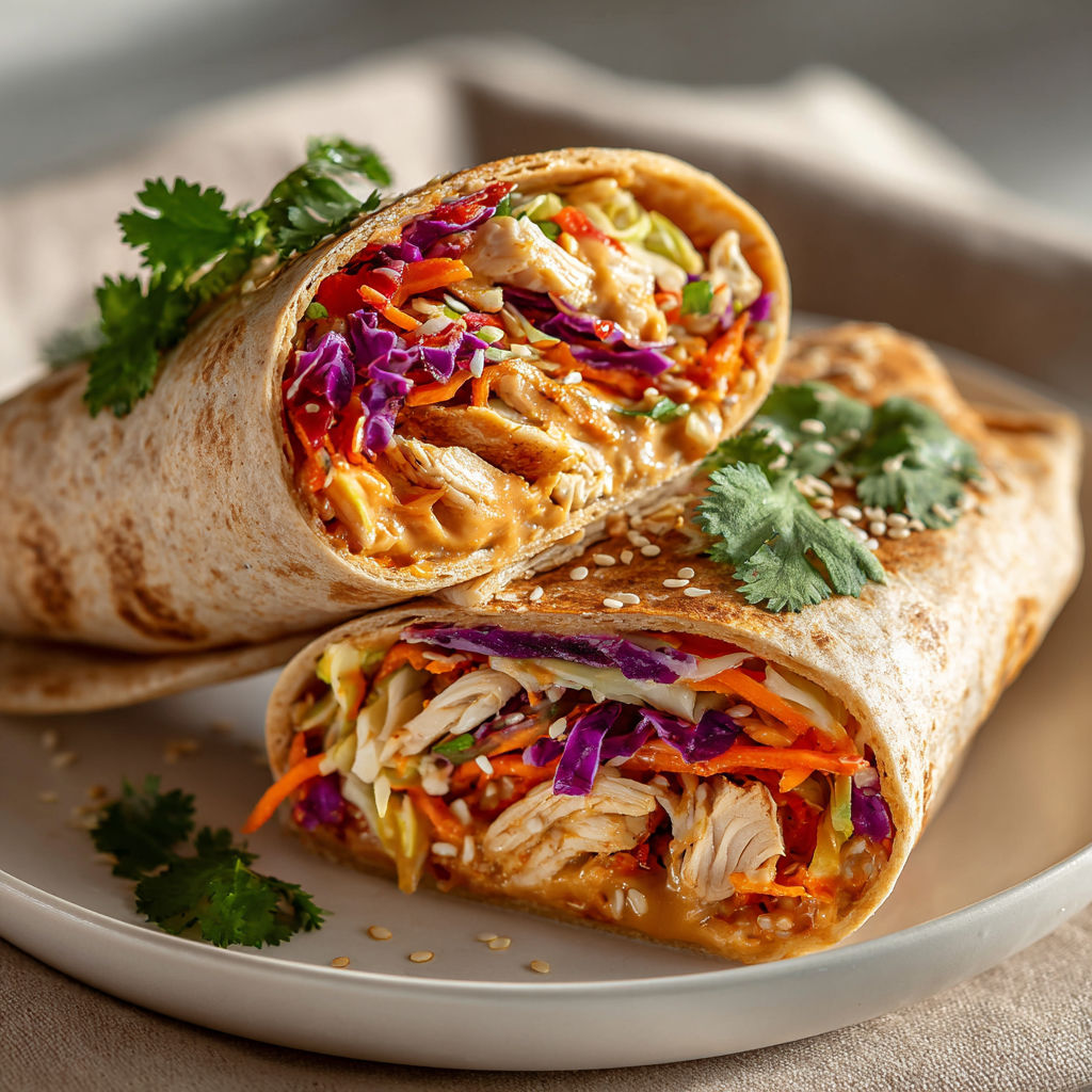 A plate with two wraps filled with chicken, vegetables and sauce.