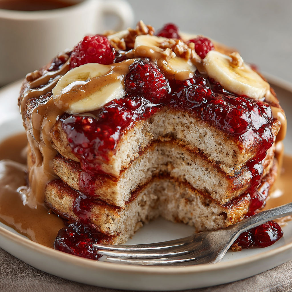 A stack of pancakes with bananas and raspberries on top.