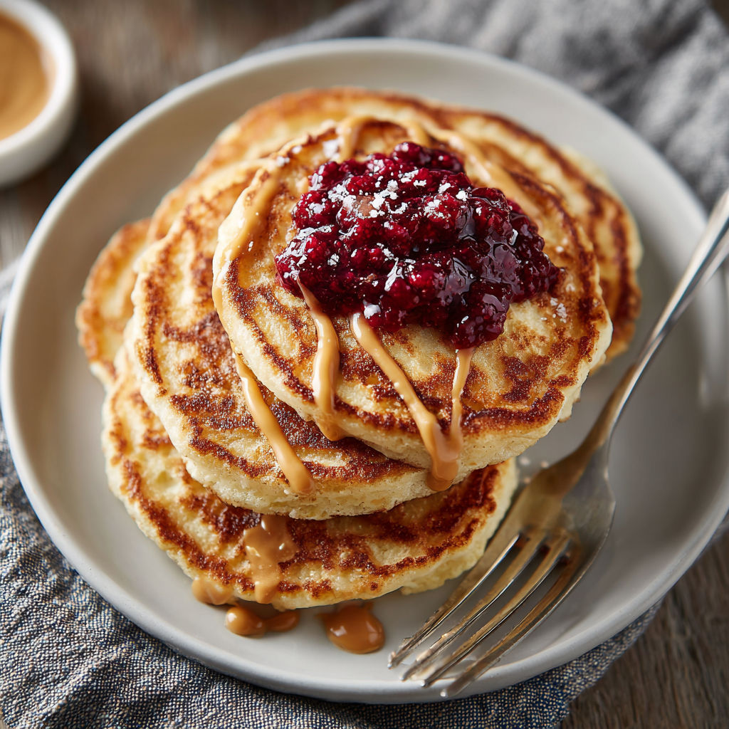 A stack of pancakes with jelly and syrup on top.