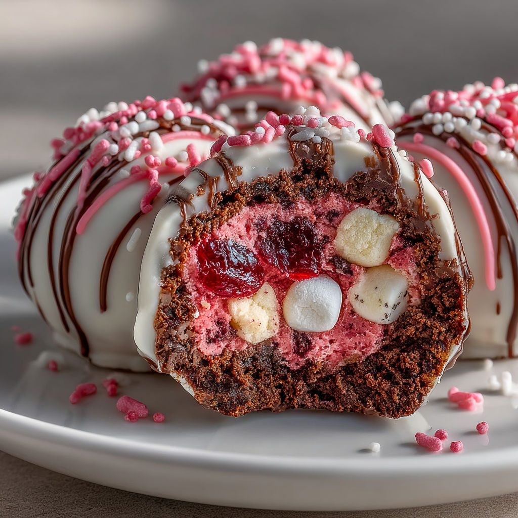 A plate with a chocolate covered cherry coded hot chocolate bomb.