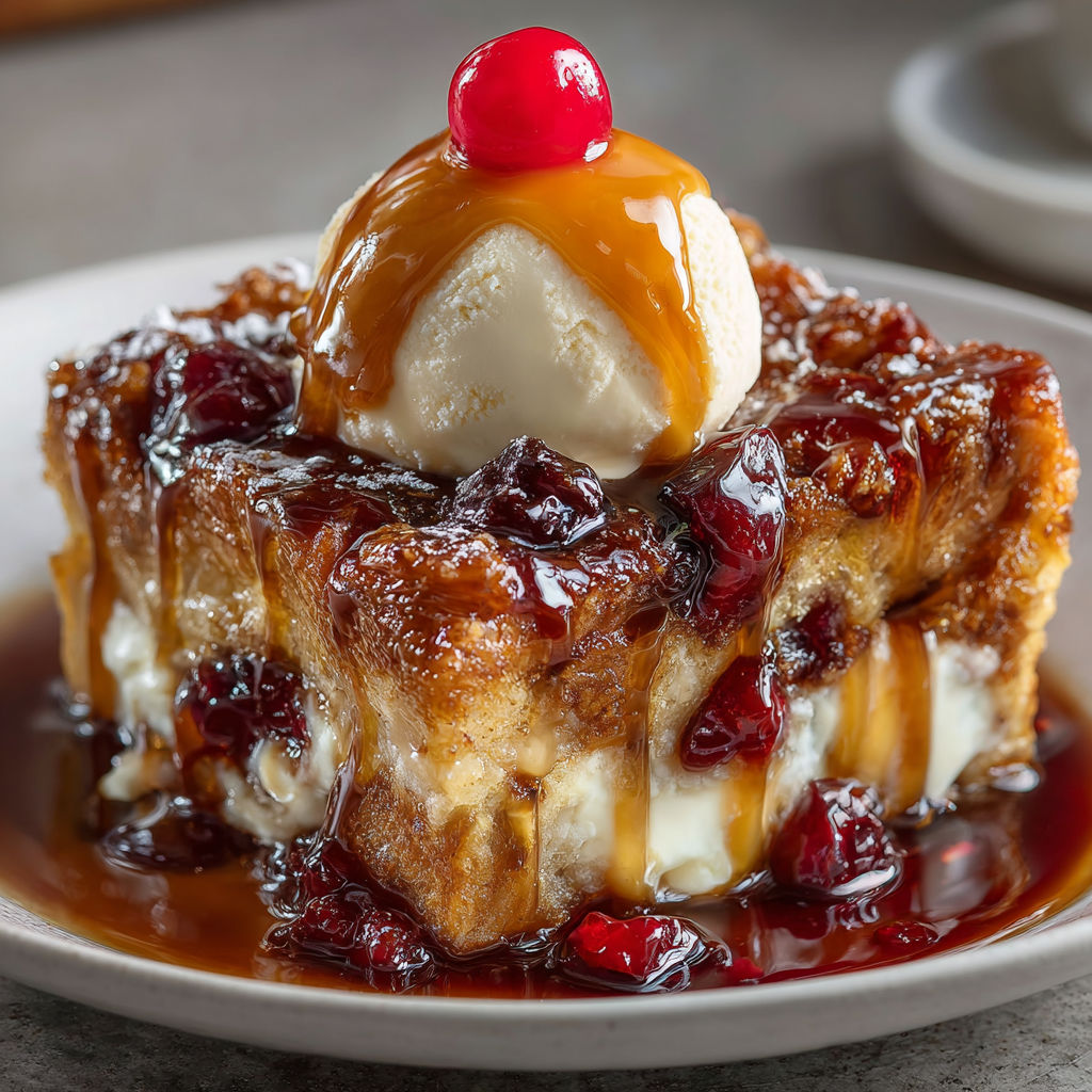 A slice of Rebel Float Bread Pudding with a scoop of ice cream on top.