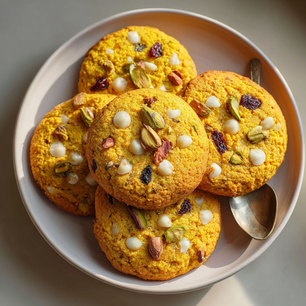 A plate of cookies with white and orange toppings.