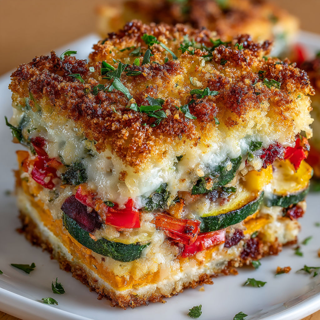 A surreal casserole with a slice of pizza on top.