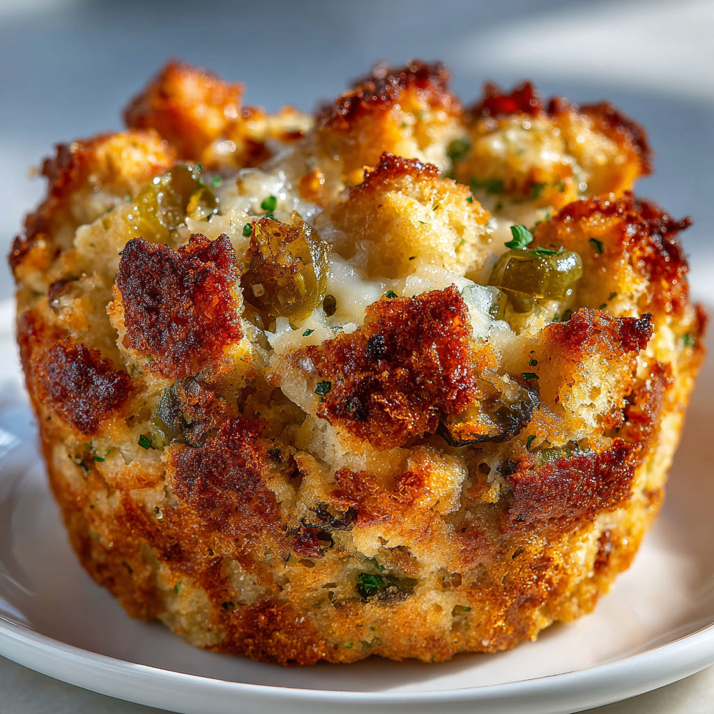 A muffin with a pickle on top.