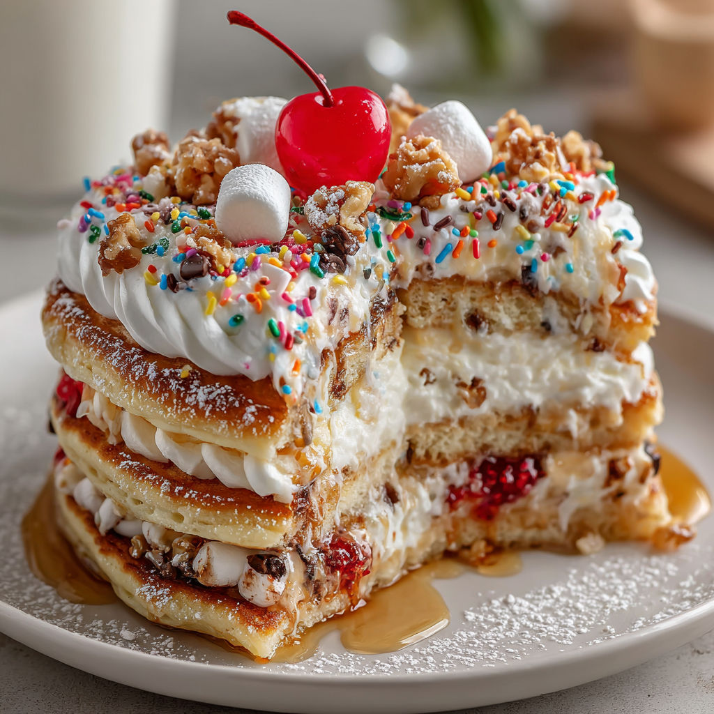 A stack of pancakes with a cherry on top.