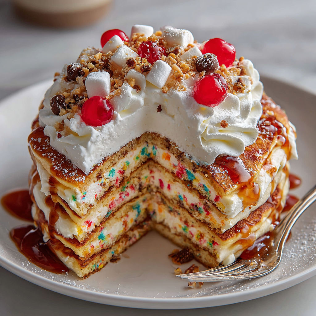 A stack of pancakes with white icing and colorful sprinkles.