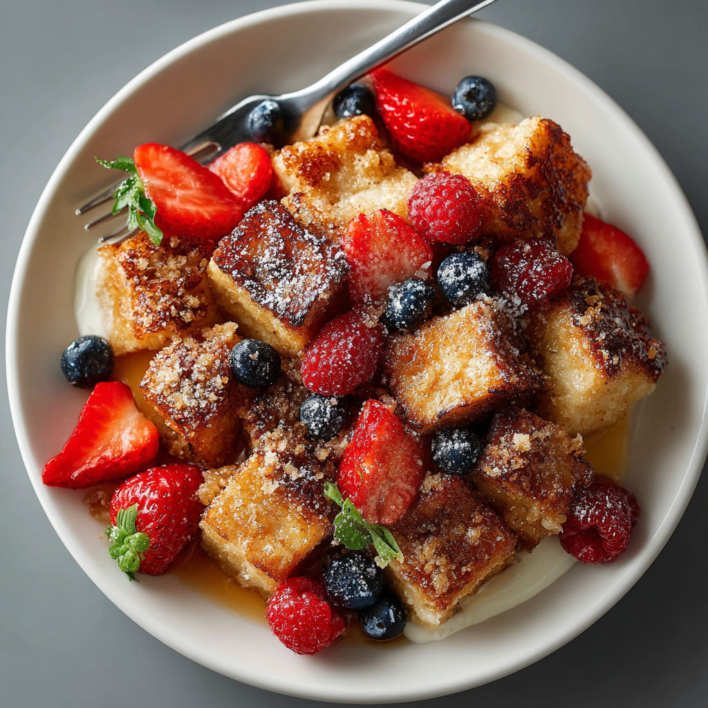 A bowl of French toast with strawberries and blueberries.