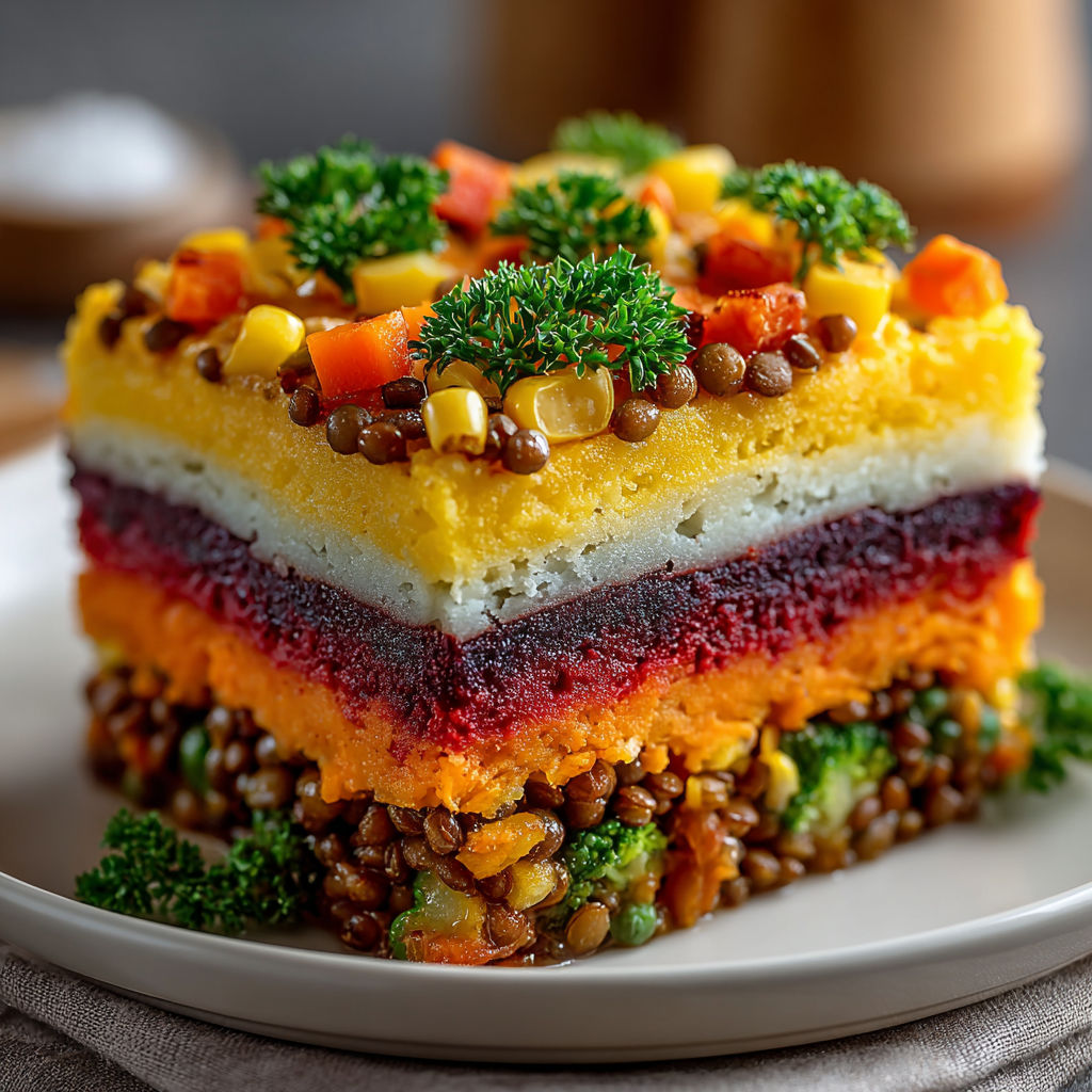 A cake with a yellow, red, and brown layer.