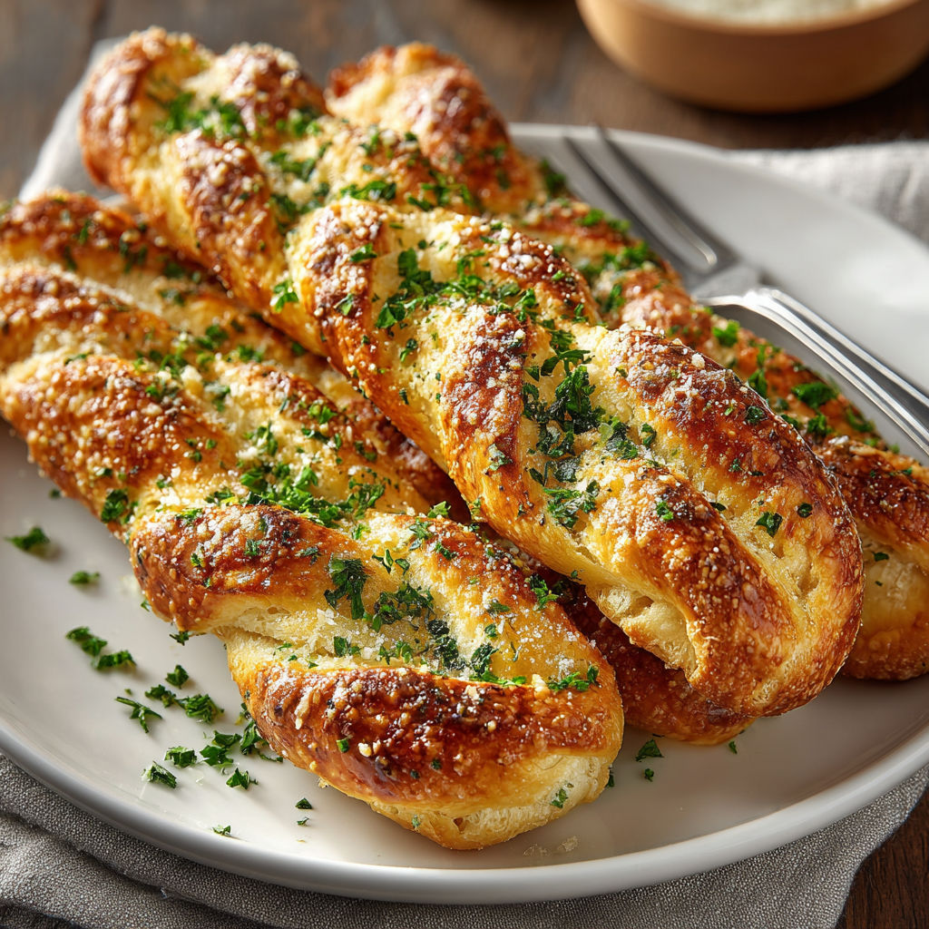 A plate of breadsticks with herbs on top.