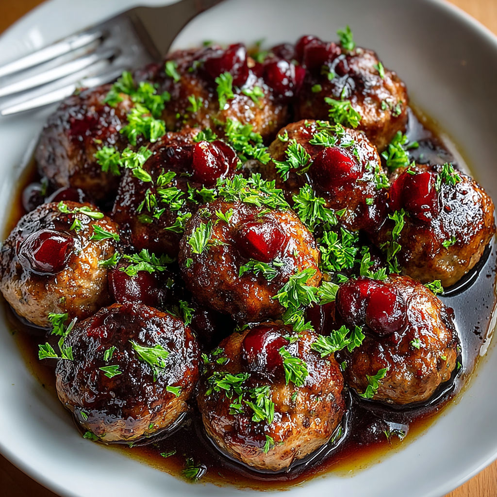 A plate of meatballs with a sauce and cherries on top.