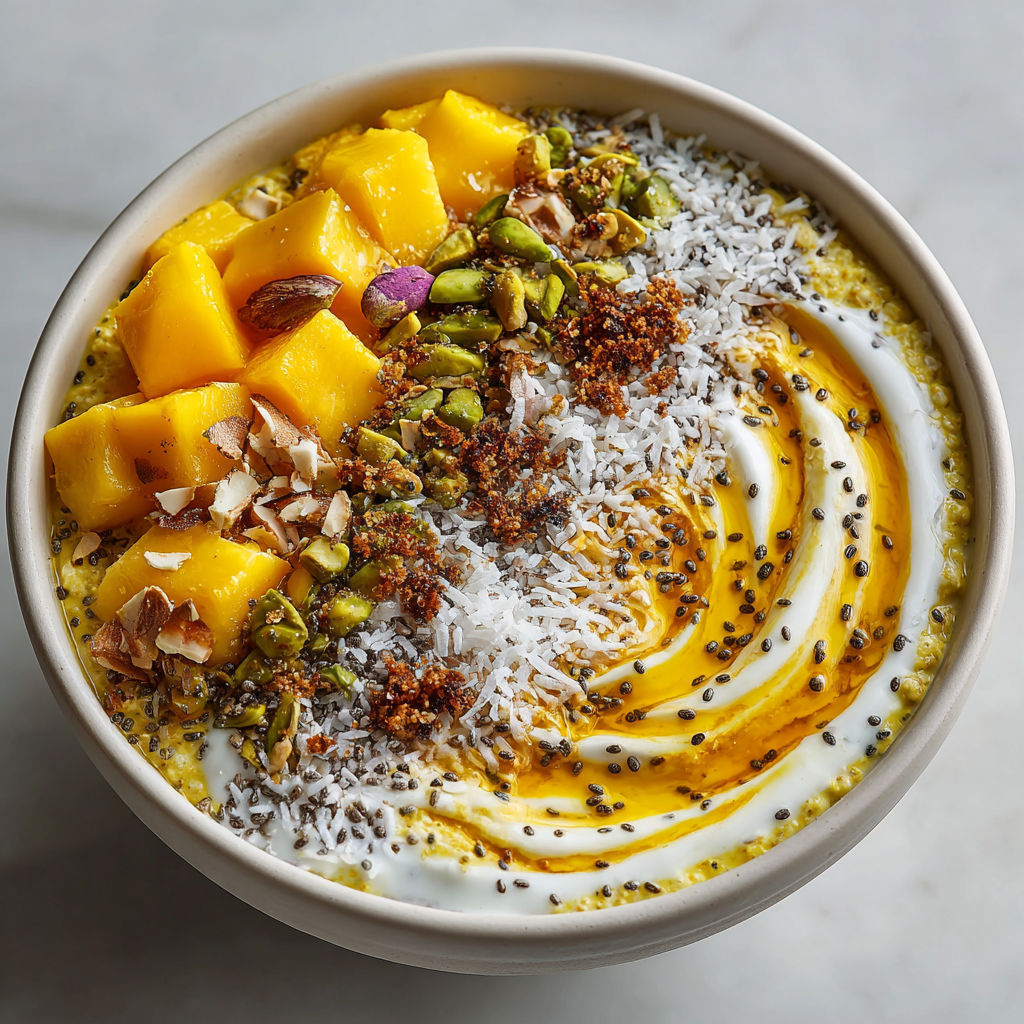 A bowl of food with a golden milk oatmeal.