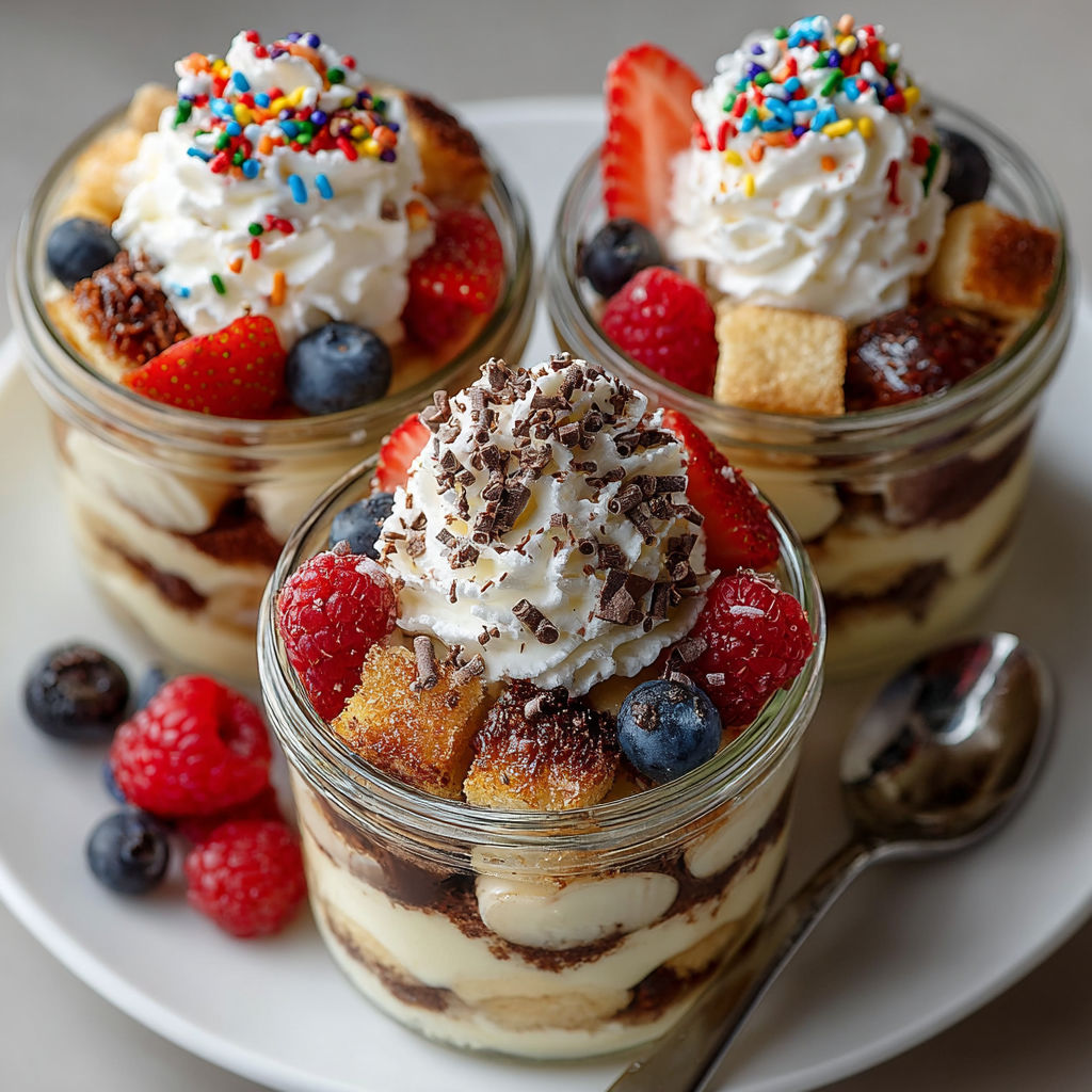 Three desserts in jars with whipped cream and fruit.
